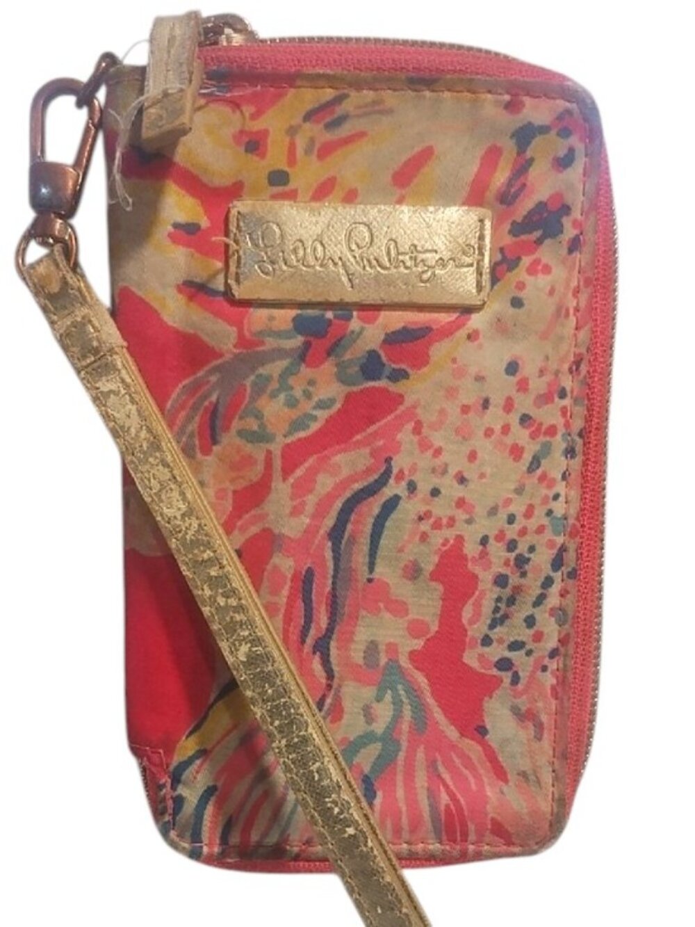 Lilly Pulitzer Pink Multi Pattern Nylon Zip Wristlet Wallet with Gold Strap